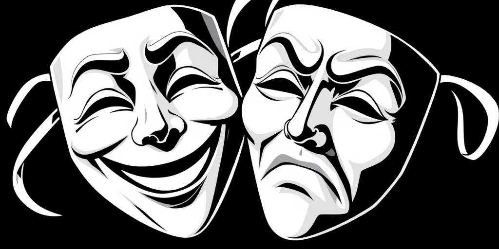 Create a high-resolution illustration of two theatrical masks, one smiling and one frowning, with bold black and white contrasts, captured in a digital illustration style, using a 50mm lens at f/8 aperture, ISO 100, and soft natural lighting for enhanced detail and clarity.