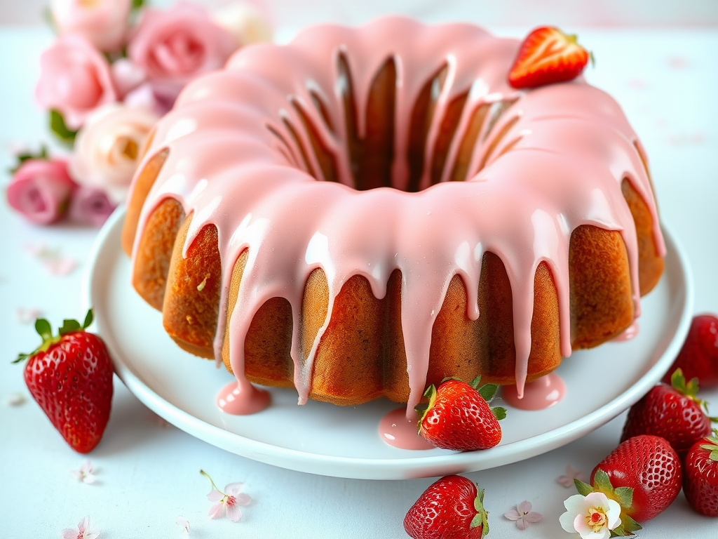 A beautifully decorated bundt cake with a smooth pink glaze dripping down the sides surrounded by fresh strawberries on a white plate with a soft pastel background and delicate floral accents.