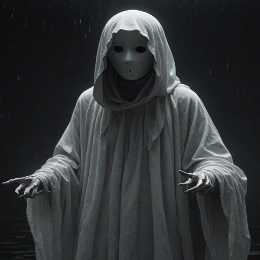night, dark, natural lighting, faceless-humanoid focus, floating, Dafaceless, no face, white_Dafaceless_cloth, 1faceless, intricately detailed illustration, depth of field, atmospheric perspective, horror (theme)