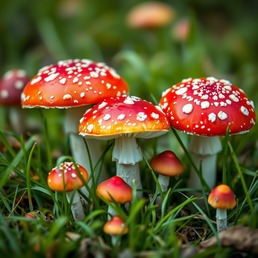 Regenerate an illustration of colorful mushrooms with vibrant red caps and white spots, surrounded by green grass and smaller mushrooms, captured using a DSLR camera with a 50mm lens, f/2.8 aperture, ISO 100, capturing soft focus and vivid colors in a close-up view.