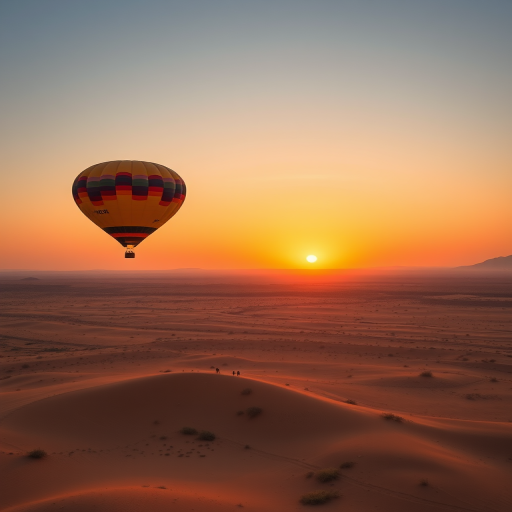 A colorful hot air balloon floating over a vast desert landscape at sunset, with warm orange and brown hues, taken with a DSLR camera at 24mm, f/8, ISO 100, with a wide-angle view for enhanced depth and clarity.