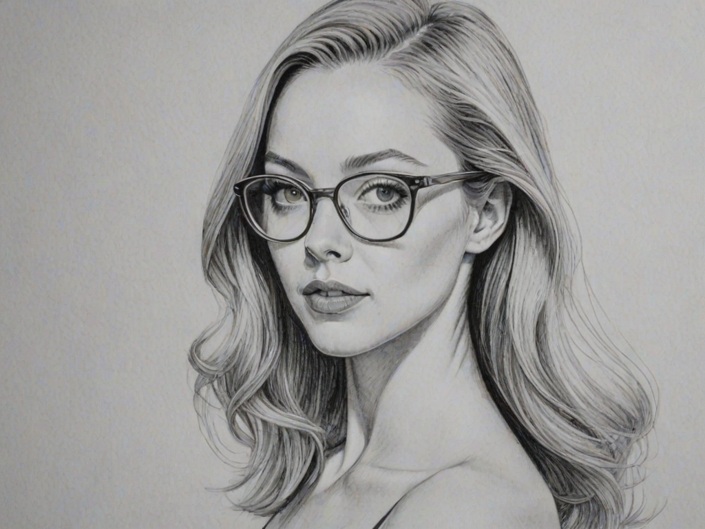 Beauteous Amanda Seyfried, pencil sketch, portrait of Ravishing woman 1960s in glasses, hair style beatnik, outline, clear lines, fine lines, 8k