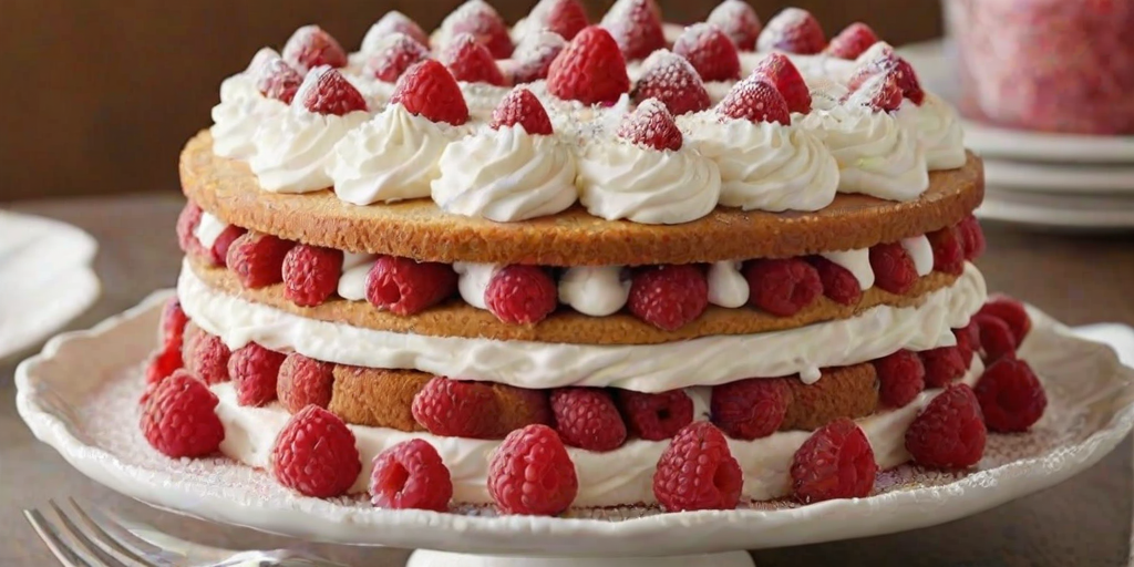 Create an image of a layered cake filled with fresh raspberries and creamy frosting. The cake should have a vibrant berry topping and a slice cut out to showcase its moist interior. Surround the plate with scattered raspberries and a sprinkle of powdered sugar for decoration.