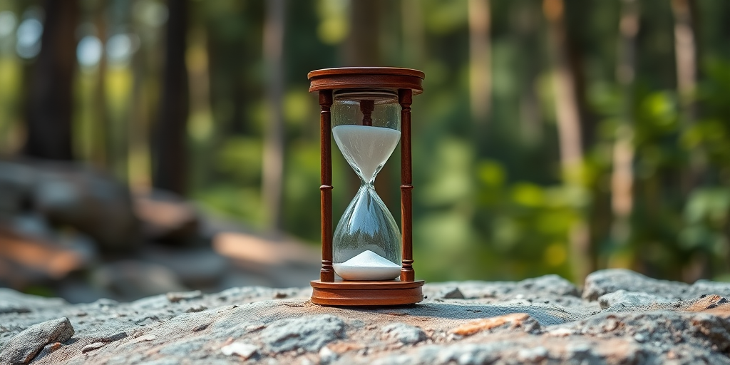 Create a high-resolution image of an hourglass set on a rocky surface, with a blurred forest background, taken with a DSLR camera, 50mm lens, f/1.8 aperture, 1/200 sec shutter speed, ISO 100, using natural light for enhanced contrast and sharpness.