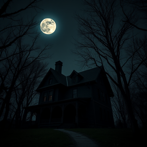 an eerie haunted house at night under a full moon, surrounded by barren trees, low angle view, DSLR camera, f/2.8 aperture, ISO 800, 30 seconds exposure, enhance contrast and saturation for a dramatic effect