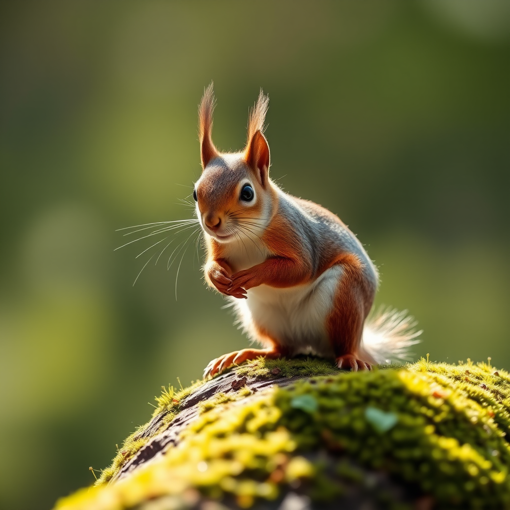 squirrel perched on a mossy log in soft sunlight, f/4 aperture, 1/250s shutter speed, ISO 200, portrait view, DSLR camera, macro photography style