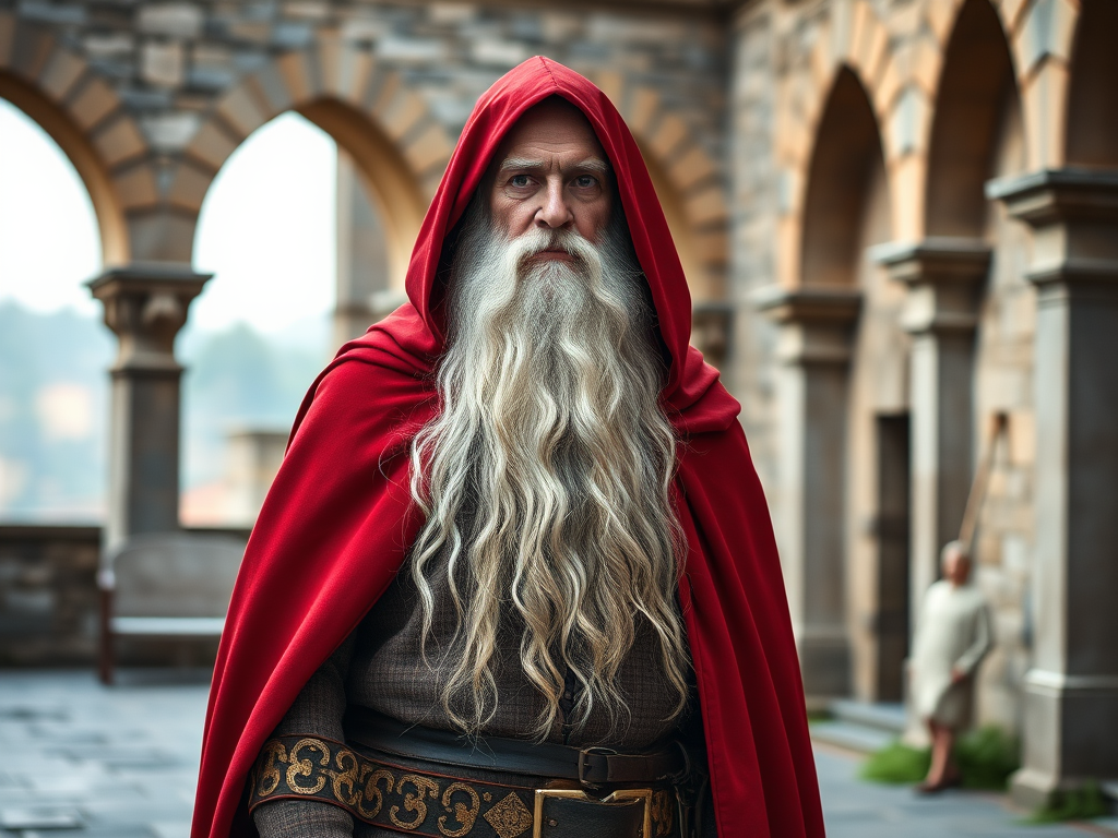 Generate a high-resolution image of an elderly man with a long white beard wearing a regal red cloak, standing confidently in a historical outdoor setting with stone arches in the background, captured with a DSLR camera at f/1.8, ISO 200, 50mm lens, using a natural light style for enhanced details and rich colors.