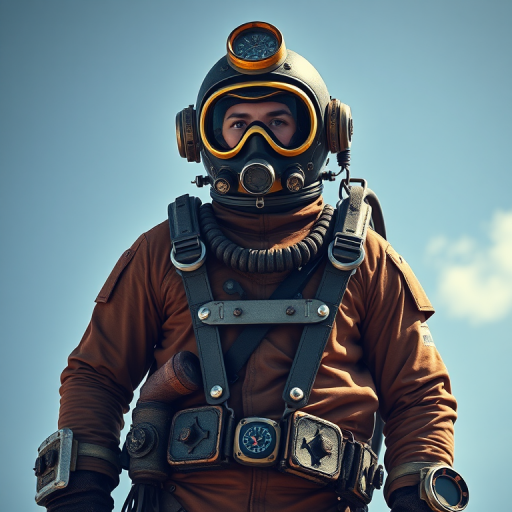 create a highly detailed illustration of a vintage deep-sea diver in full gear standing confidently, using a DSLR camera at 50mm focal length, aperture f/4, ISO 100, with a slightly low angle view to enhance perspective and dramatic effect, bright natural lighting to emphasize texture and details