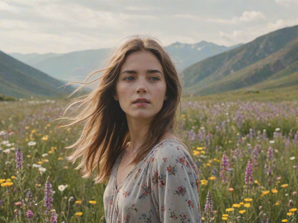 Softly focused image of a young woman standing in a field of wildflowers, long hair blowing in the wind, distant mountains barely visible through a hazy summer sky.