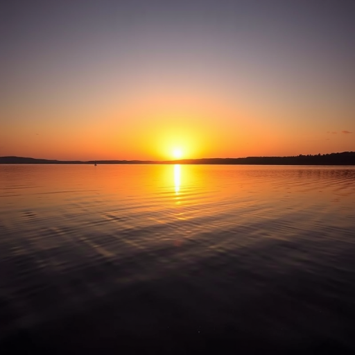 Generate an image of a sunset over a calm lake with reflections on the water, using a Canon EOS R5 with a 24-70mm lens, aperture f/8, ISO 100, and a shutter speed of 1/125s.