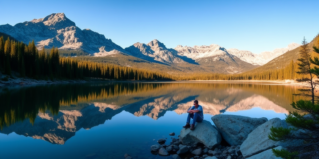 Serene mountain landscape, with a tranquil lake reflecting the surrounding pine trees and jagged peaks, a lone hiker sitting on a rock at the water's edge, soaking in the beauty of nature under a clear blue sky.
