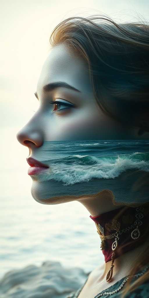 this photo is Book cover, A surreal double exposure portrait that blends a woman's face with a beautiful seascape. The overall mood is dreamy and mystical, with rich colors and intricate details