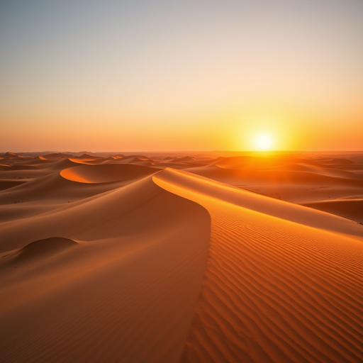 desert landscape with rolling sand dunes at sunset, soft golden light casting long shadows, high dynamic range, ISO 100, f/8 aperture, 1/250 sec shutter speed, shot with a DSLR camera, 50mm lens, wide-angle view