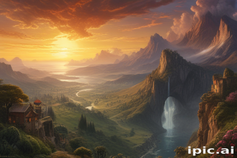 Majestic Sunset Over Serene Mountain Landscape with Cascading Waterfall ...