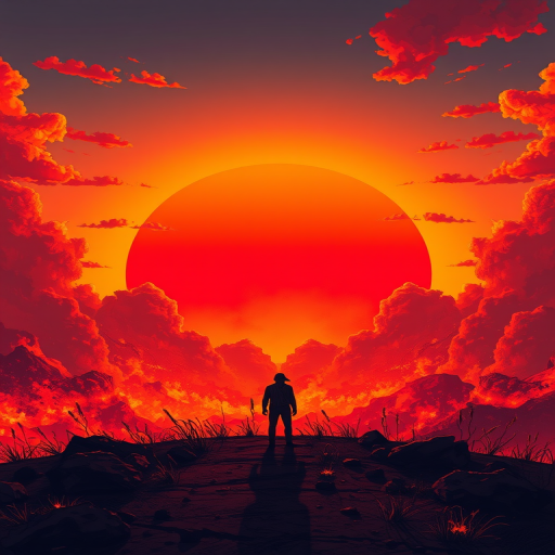 Create a vivid illustration of a fiery landscape with a massive sun setting in the background, showcasing intense orange and red hues, a lone figure silhouetted against the flames, with dramatic clouds, use a Canon EOS R5, 24mm lens, f/2.8 aperture, ISO 100, at twilight for enhanced image sharpness and clarity.