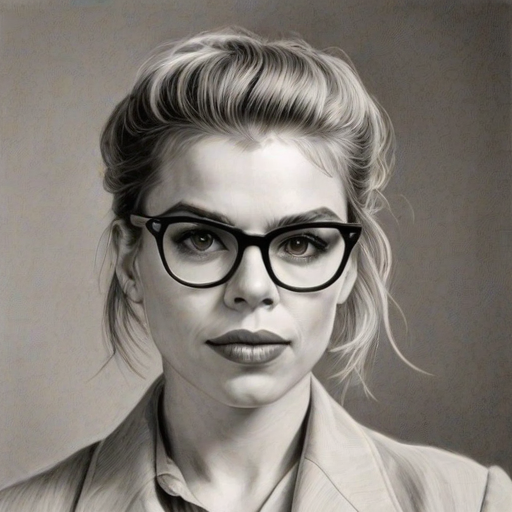 Wonderful Billie Piper, pencil sketch, portrait of Attractive woman 1930s in glasses, hair style beatnik, outline, clear lines, fine lines, 8k