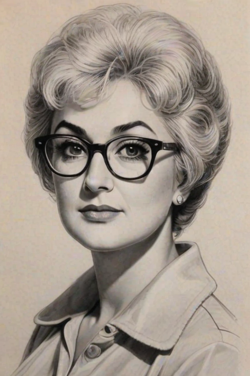 Attractive Bea Arthur, pencil sketch, portrait of Exquisite woman 1965s in glasses, hair style beatnik, outline, clear lines, fine lines, 8k