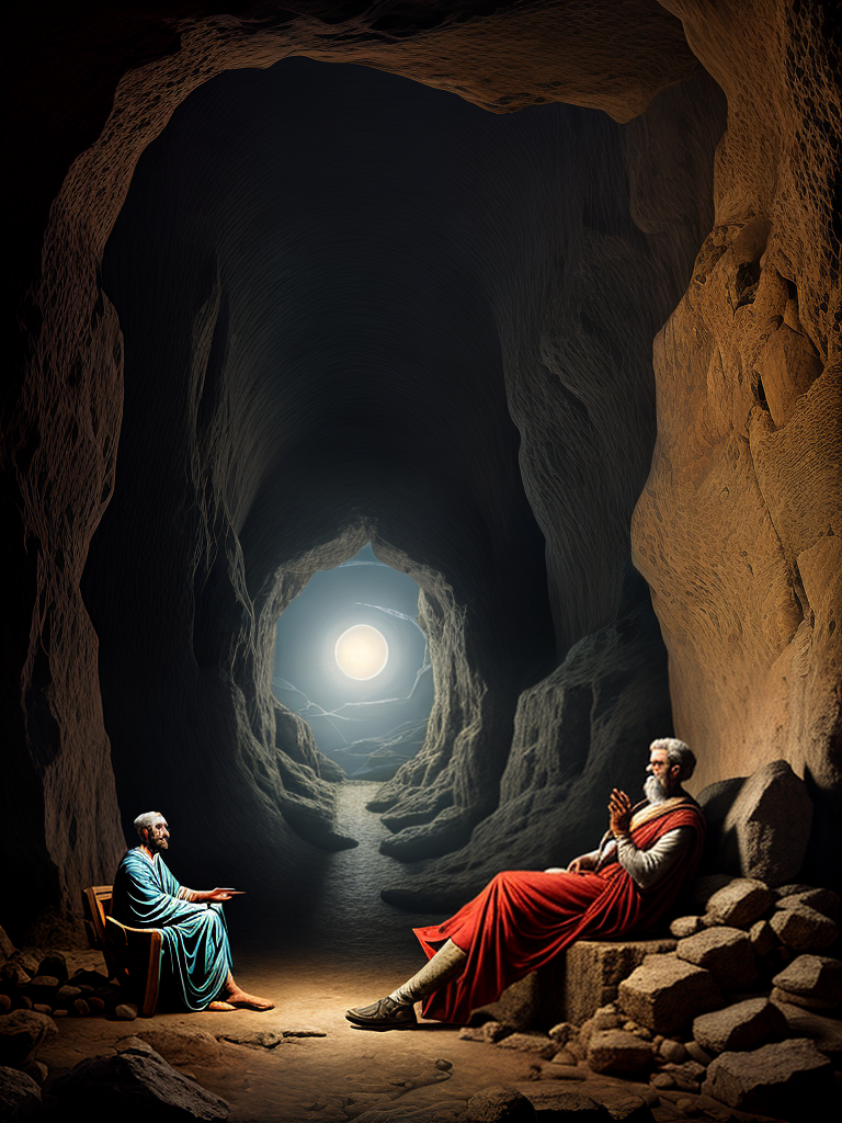 digital art of plato inside a dark cave with a thinking person sitting ...