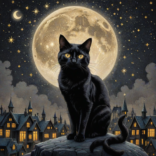 a stylized black cat with iridescent golden arabesques all over its body, on a grungy smoky black background with matching celestial designs, a full moon with silhouettes of lit houses, bright shooting stars, dazzling, magical BG, reminiscent of Christmas wonderland
