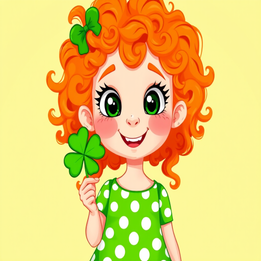 Create a cartoon-style image of a cheerful girl with orange curly hair wearing a green polka dot dress, holding a green shamrock, captured with a Canon EOS 5D Mark IV, ISO 100, aperture f/4, focal length 35mm, in a vibrant and colorful composition.
