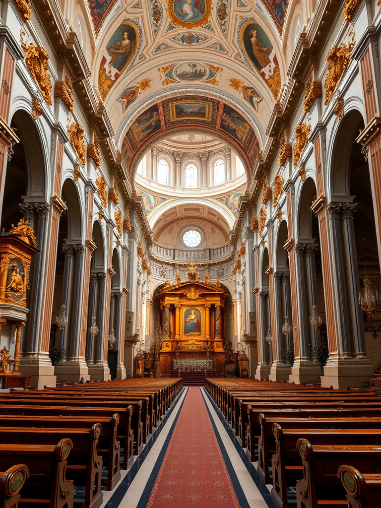 interior of a grand baroque church with ornate golden altars and benches, wide-angle view, f/8 aperture, ISO 200, 24mm lens, natural lighting, captured with a full-frame DSLR camera