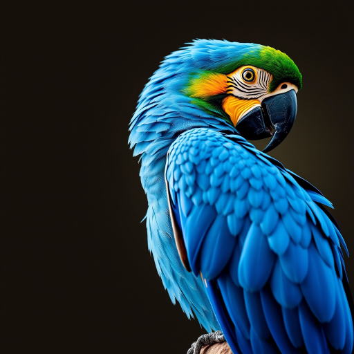 A detailed illustration of a vibrant blue macaw perched in profile, showcasing its long tail feathers and characteristic bright yellow eye patch, captured in a close-up shot with soft lighting, high resolution, f-stop 2.8, ISO 100, 50mm lens, natural color enhancement.