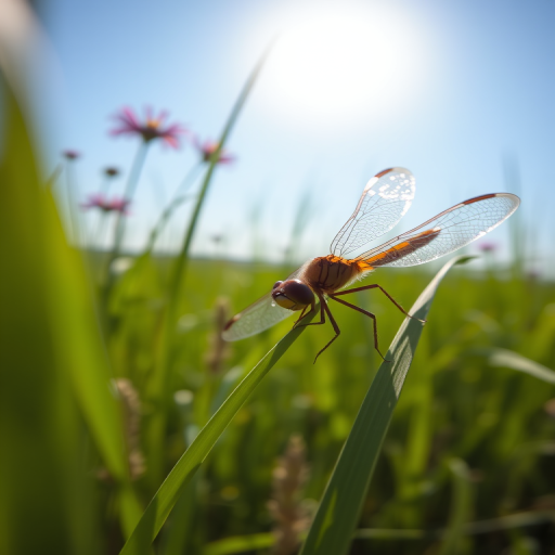 Sharp, detailed close-up of a dragonfly resting on a blade of grass, soft sunlight illuminating its translucent wings, with distant wildflowers and a blue sky in soft focus.