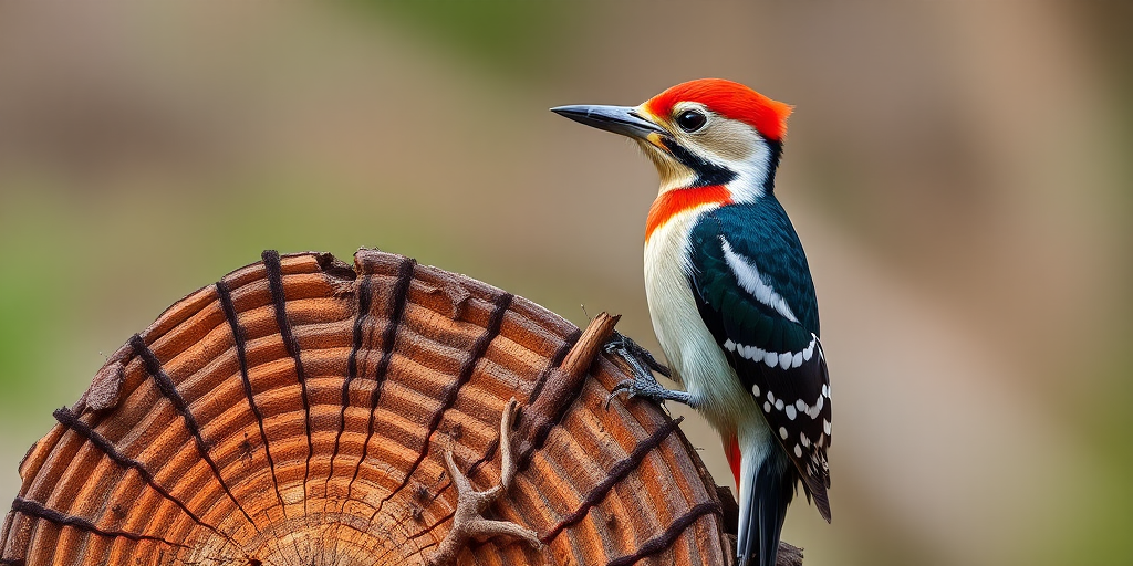 Regenerate the image of a woodpecker perched on a textured log with vivid colors, using a DSLR camera, 50mm lens, f/2.8 aperture, 1/250 shutter speed, natural lighting, and a slight offset view to enhance depth and detail.