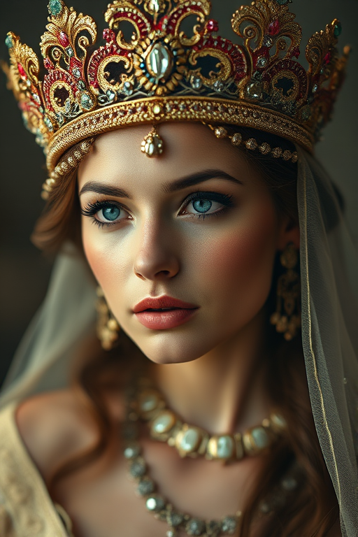 Create an image of a stunning, ethereal woman wearing an elaborate crown adorned with jewels and intricate details, with a soft, mystical background; use a 50mm lens, f/1.8 aperture, ISO 100, and a shallow depth of field for rich color and sharp details, with a low-angle view to emphasize the grandeur of the headpiece and an HDR photography style for enhanced contrast.