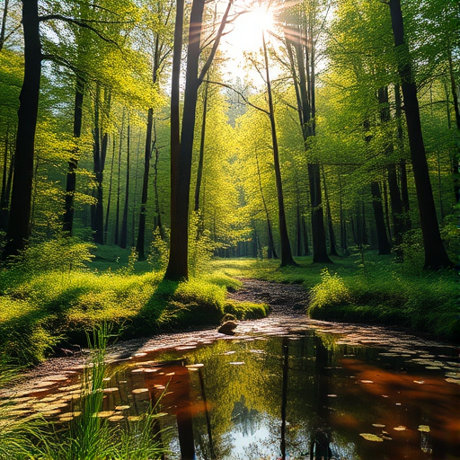 Generate an image of a tranquil forest scene with sunlight filtering through the trees, vibrant greenery, and a serene pond in the foreground, using a DSLR camera, aperture f/2.8, shutter speed 1/100 sec, ISO 200, 50mm lens, with a shallow depth of field for ethereal quality.