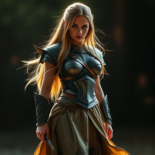 Create an image of a female warrior character with long hair, wearing a detailed armor top and a flowing skirt, standing confidently in a dramatic pose, captured in 85mm lens, f/1.8 aperture, ISO 100, with soft backlighting to enhance the subject's features and a shallow depth of field for a cinematic effect.
