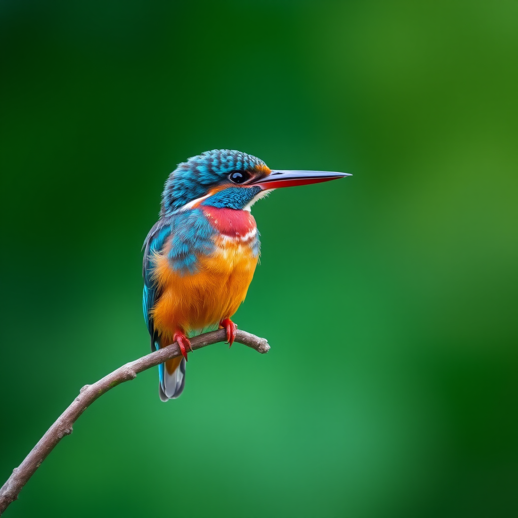 A vibrant kingfisher perched on a branch with a blurred green background, captured with a Canon EOS R5, 85mm lens, aperture f/2.8, ISO 200, shutter speed 1/250s, in soft focus style for enhanced detail and clarity.