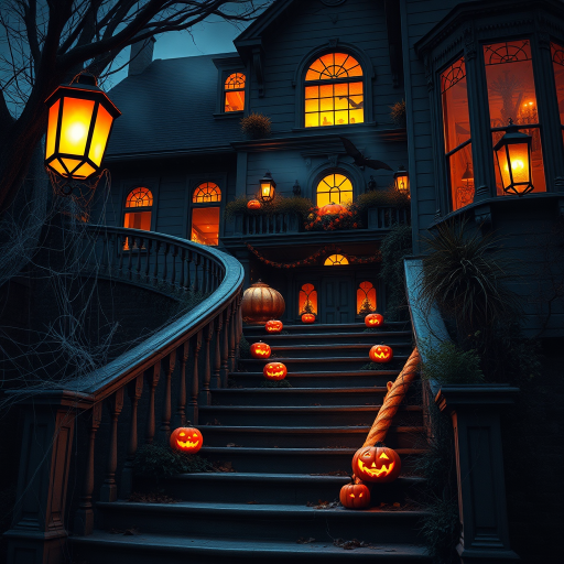 airbrushed oil painting, halloween theme, a haunted house, stairs, highly decorated, illuminated, lanterns, jack o'lantern, bats, webcobs