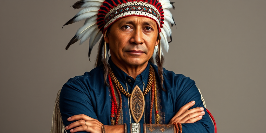Create a dignified portrait of a Native American man dressed in traditional attire. He wears a beautifully crafted headdress adorned with white feathers and red beads, along with a beaded headband featuring intricate patterns. His clothing includes a deep blue, patterned shirt and a traditional chest piece with detailed beadwork. His arms are crossed, displaying leather armbands decorated with feathers. The background is simple and neutral, emphasizing his proud and stoic expression. The overall image captures the rich cultural heritage and strength of his persona.