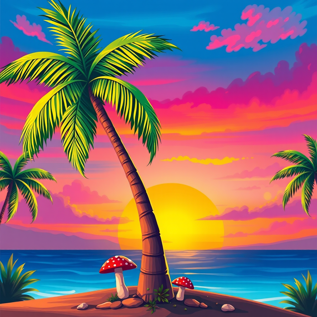 create a vibrant illustration of two palm trees with a colorful sunset background, include whimsical mushrooms at the base, use a DSLR camera with a 35mm lens, aperture f/8, ISO 100, focus on vivid colors and sharp details, capturing a tropical feel in bright daylight settings.