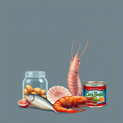 Create an illustration of seafood items including a jar of fish, a squid, a shell, a shrimp, and a can of fish against a minimalist background, using a high-resolution digital camera with a 50mm lens, f/2.8 aperture, ISO 100, and soft diffused lighting to enhance color vibrancy and detail.
