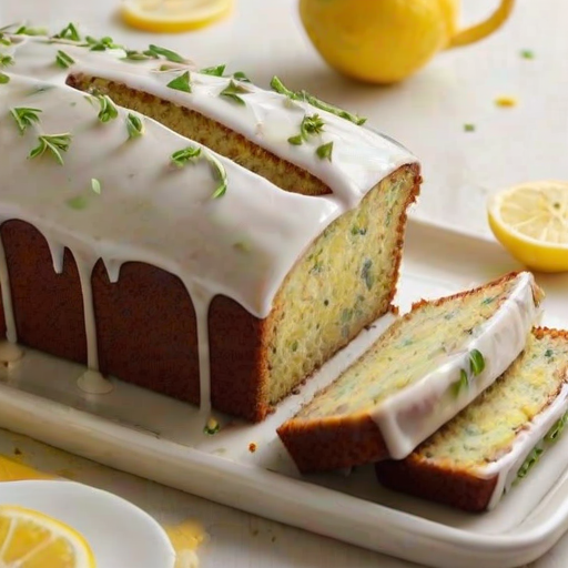 Create an image of a beautifully decorated lemon poppy seed loaf cake. The cake should have a light glaze drizzled on top, featuring delicate floral accents for decoration. The setting should include a soft, pastel background with a hint of a tea cup in the corner, creating a cozy and inviting atmosphere. A slice of the cake should be cut and displayed beside the loaf to showcase its texture.
