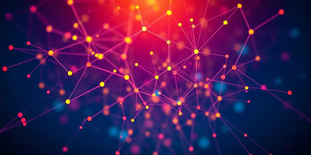 generate an abstract image of colorful interconnected lines and nodes on a gradient background, use a Canon EOS R with a 24-70mm f/2.8 lens, aperture set to f/8, ISO 100, and a shutter speed of 1/125 sec, captured from a frontal perspective with sharp focus and vibrant colors.