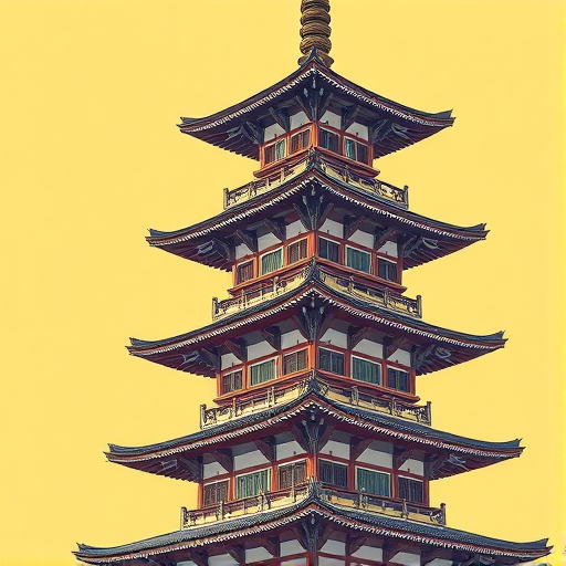 Generate a detailed illustration of a tall pagoda with multiple tiers, intricate roof designs, and decorative elements, set against a soft yellow background, captured with a Canon EOS 5D Mark IV, 50mm lens, f/8 aperture, ISO 100, natural lighting, and a slight depth of field to focus on the pagoda.
