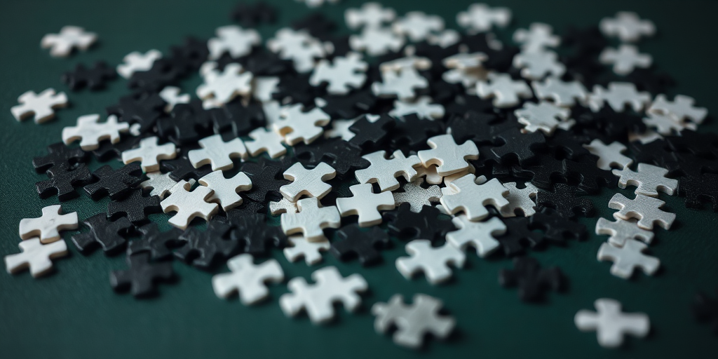 a close-up shot of a scattered pile of black and white jigsaw puzzle pieces on a dark green surface, taken with a DSLR camera at f/2.8, 50mm lens, ISO 100, natural lighting, shallow depth of field for emphasis on details.
