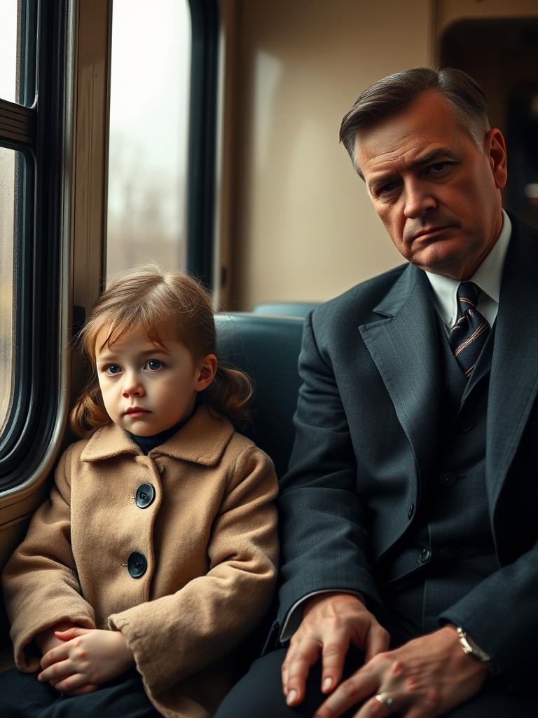 A vintage scene capturing a somber family trio on a train, with a young girl in a beige coat, her serious-looking mother in a dark dress, and a stern father in a suit, soft natural light through the window, shallow depth of field, Canon EOS R5, 50mm f/1.2 lens, ISO 200, f/1.8, 1/125 sec, artistic and detailed realism.