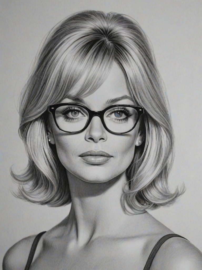 Gorgeous Goldie Hawn, pencil sketch, portrait of Sublime woman 1957s in glasses, hair style beatnik, outline, clear lines, fine lines, 8k