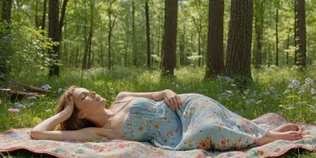 Sun-dappled forest clearing, with wildflowers growing in abundance, a woman in a sundress lies on a blanket, staring up at the clear blue sky through the branches of tall trees.