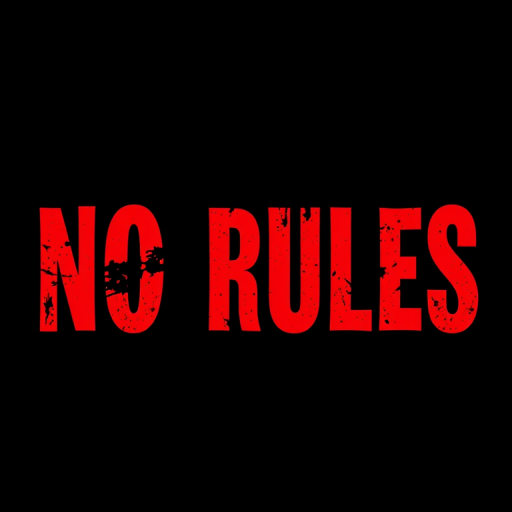 Regenerate an image featuring the text "NO RULES" in bold, distressed red lettering on a black background, using a DSLR camera with an aperture of f/2.8, a shutter speed of 1/125s, and ISO 100, shot from a frontal view with a shallow depth of field to enhance details.