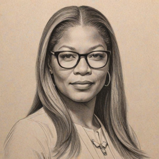 Magnificent Queen Latifah, pencil sketch, portrait of Graceful woman 1970s in glasses, hair style beatnik, outline, clear lines, fine lines, 8k