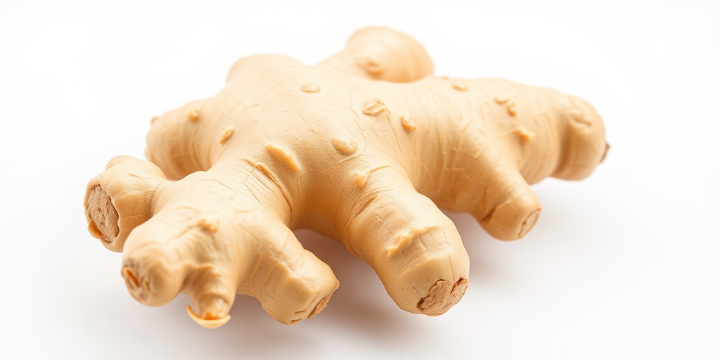 fresh ginger root on a white background, macro shot, f/2.8 aperture, 1/125 sec shutter speed, ISO 100, Canon DSLR, natural soft lighting, high detail, smooth texture
