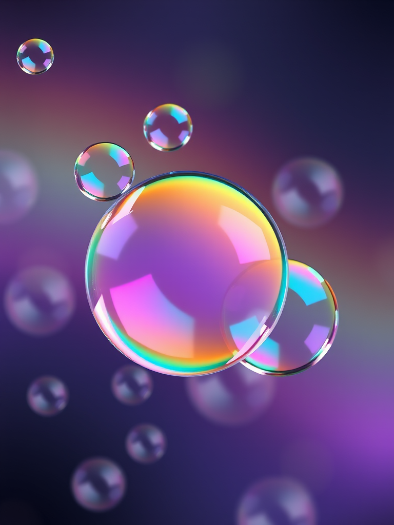 Create a high-resolution image of floating soap bubbles with vibrant colors and reflections, shot with a Canon EOS 5D Mark IV, 50mm lens, aperture f/2.8, shutter speed 1/500s, ISO 200, in a soft-focus background to enhance depth.