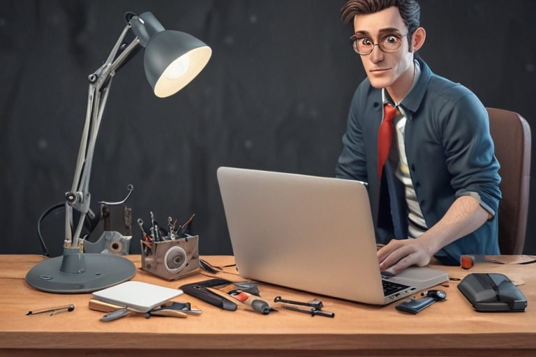 a 3d cartoon man repair laptop and PC in table with reapring tools no ...