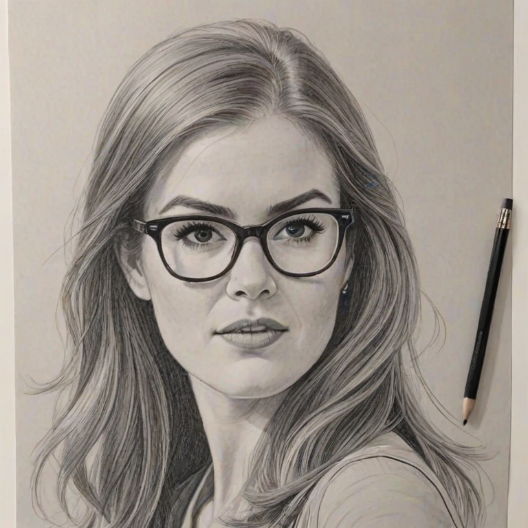 Gorgeous Isla Fisher, pencil sketch, portrait of Fetching woman 1955s in glasses, hair style beatnik, outline, clear lines, fine lines, 8k