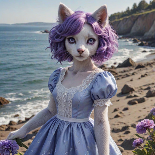 realistic, purple hair,  looking at viewer, no_nose, furry, flower, outdoors, sea, lace-trimmed blue dress, clothed_animal, pawpads, furrification,